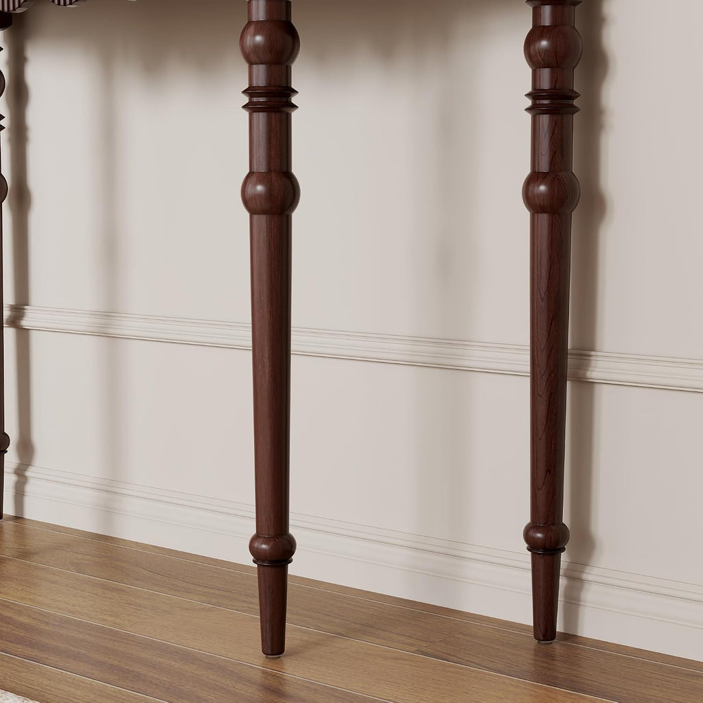 Solid Wood Console Table with Drawer – Dark Walnut Entryway Table with Scalloped Edge and Straight Legs, Narrow Accent Sofa Table for Living Room or Hallway(Dark Walnut)