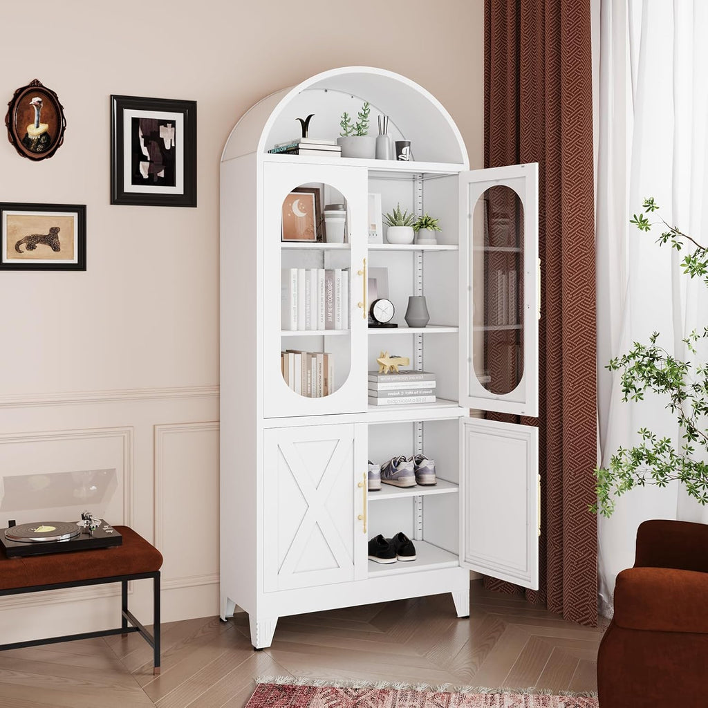 erosoei 73" H Metal Tall Arched Kitchen Pantry Cabinet, Modern Farmhouse China Storage Cabinets with Glass Door and Adjustable Shelves, Versatile Cupboard for Kitchen, Dining Room, Bathroom (White)