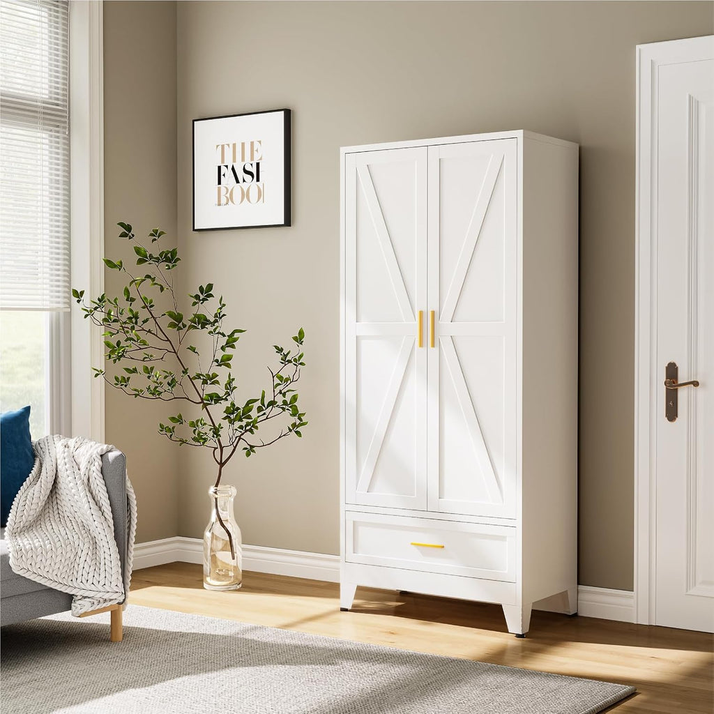 Metal Wardrobe Closet Hanging Rod 71" Tall, Heavy Duty Steel Armoire Wardrobe Cabinet, Clothing Storage Cabinet for Bedroom, Office, Laundry Room, 1 Drawer, White