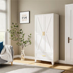 Metal Wardrobe Closet Hanging Rod 71" Tall, Heavy Duty Steel Armoire Wardrobe Cabinet, Clothing Storage Cabinet for Bedroom, Office, Laundry Room, 1 Drawer, White