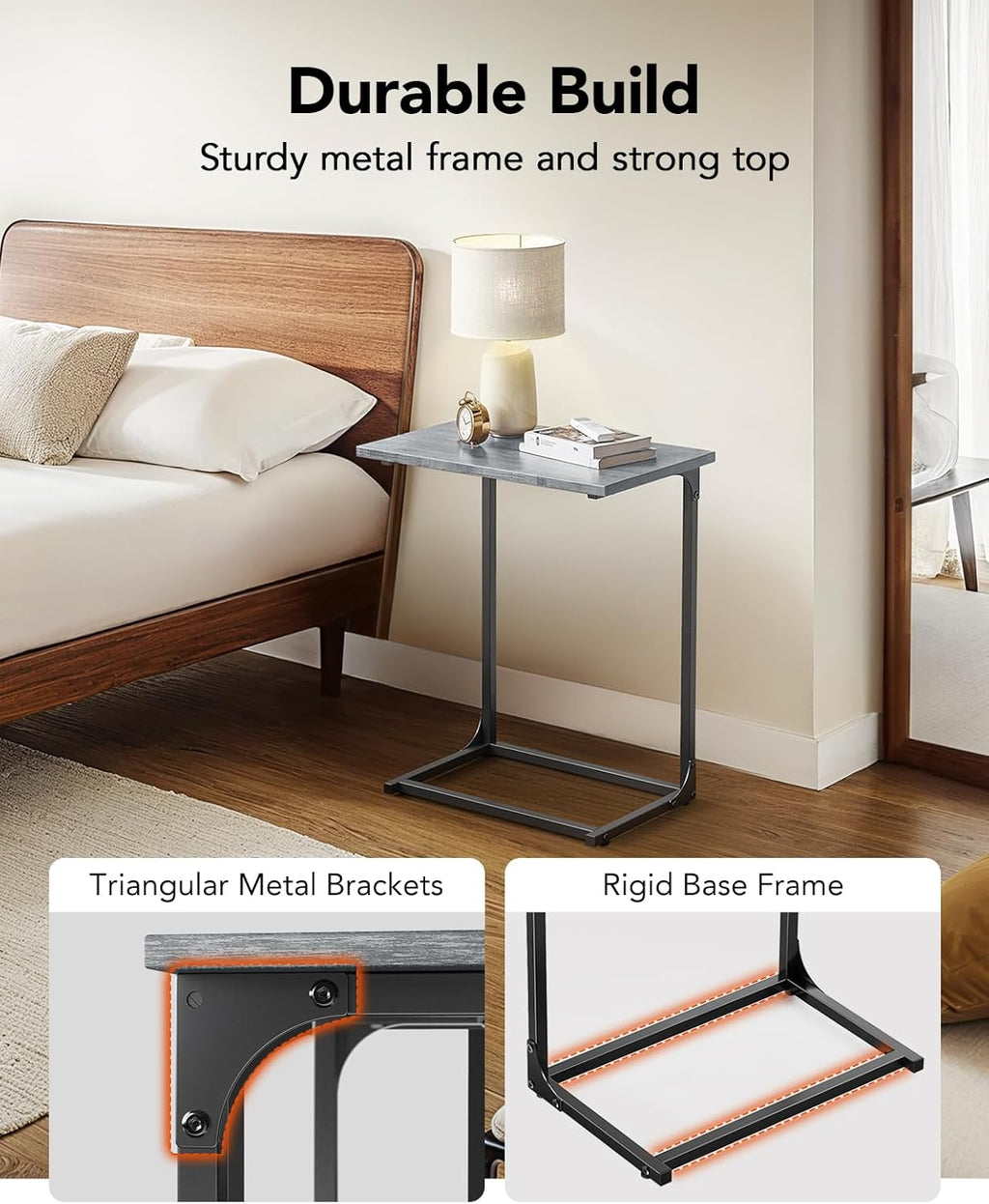 Pipishell C-Shaped Side Table, C Table for Sofa with Two-Piece Desktop & Metal Frame, Large Surface End Table for Living Room, Bedroom, Bedside, Rustic Design, Grey
