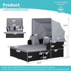 DREAMADE Outdoor Daybed with Canopy, 2 Person Rattan Sunbed with Cushions, 4 Pillows & 2 Foldable Side Trays, Patio Daybed for Backyard, Garden, Poolside, Balcony (Grey)