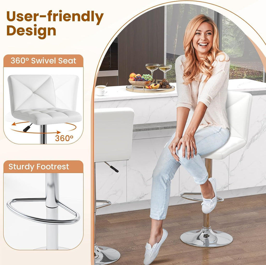 COSTWAY 3 Pieces Bar Table Set, Round Cocktail Table and PU Leather Adjustable Swivel Chairs, Modern Counter Height Furniture Set with 2 Bar Stools for Small Space, Kitchen, Office (White+Black)