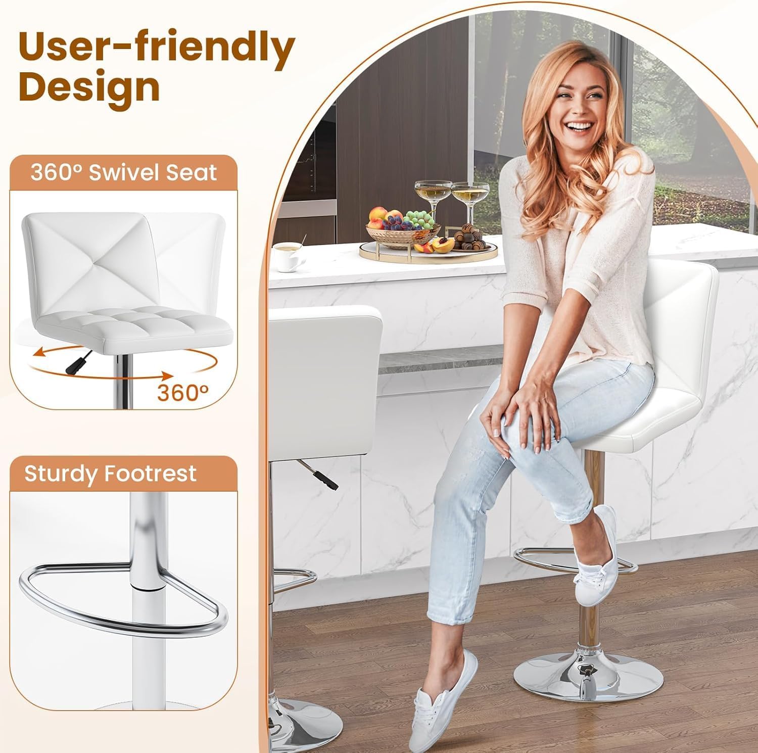 COSTWAY 3 Pieces Bar Table Set, Round Cocktail Table and PU Leather Adjustable Swivel Chairs, Modern Counter Height Furniture Set with 2 Bar Stools for Small Space, Kitchen, Office (White+Black)