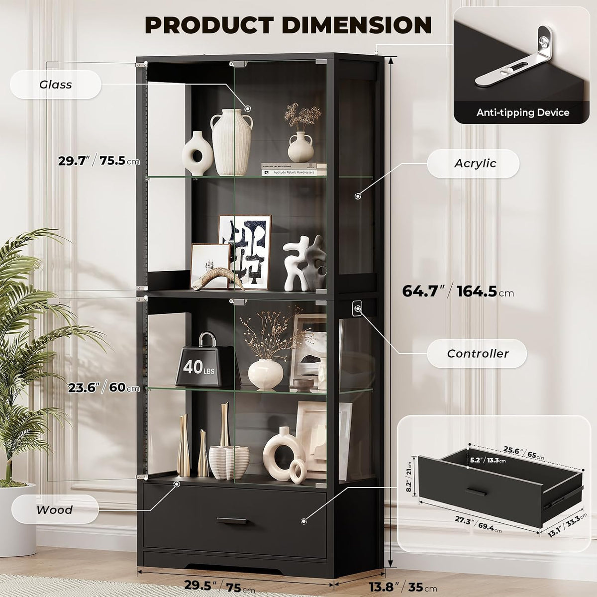 BROTTAR 4-Tier Display Cabinet with Glass Doors and Drawer for Collectibles
