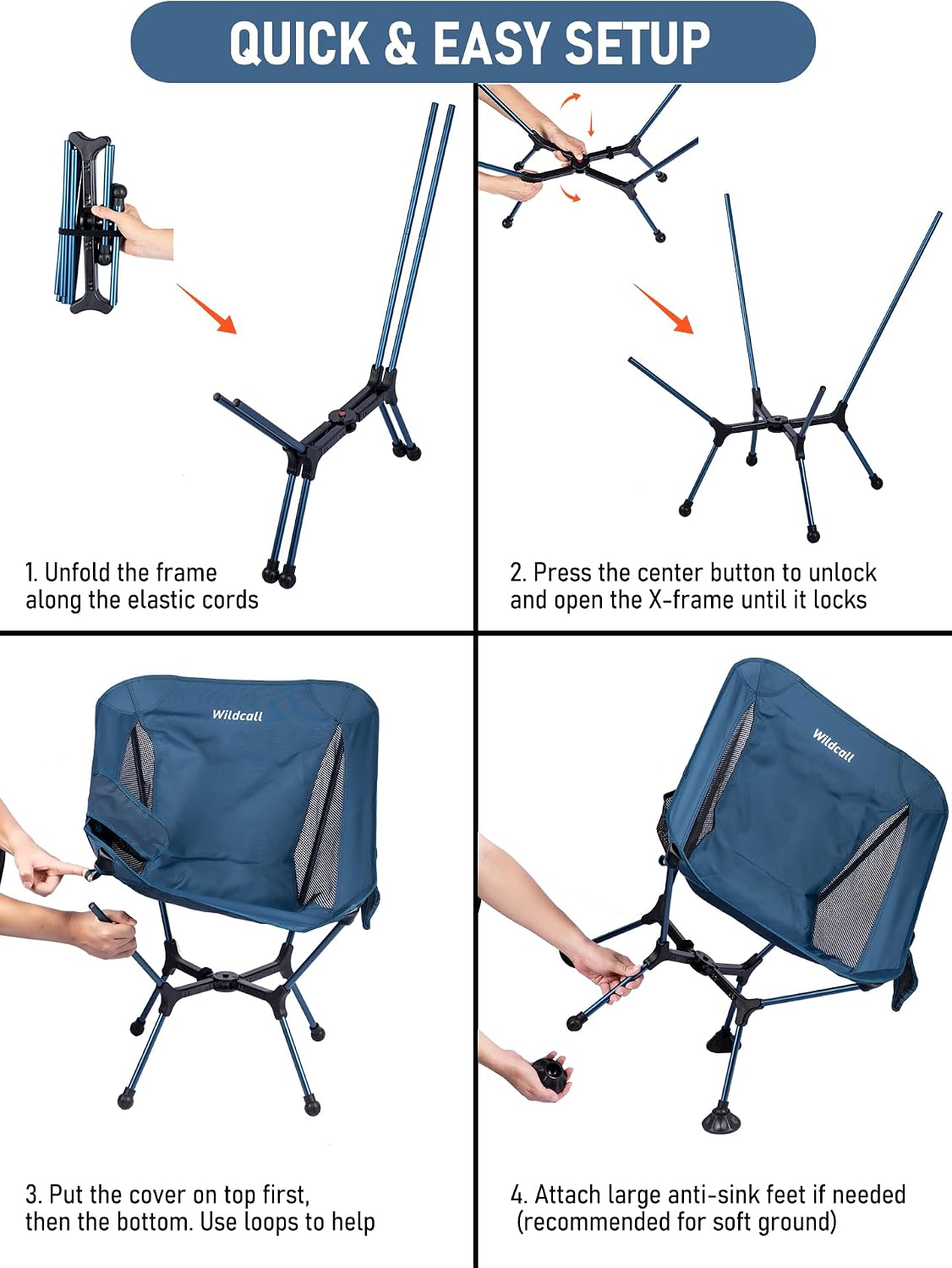 WildCall Lightweight Folding Camping Chair Quick Setup Frame Beach Chair Compact Backpacking Chair with Anti-Sink Feet