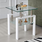 Glass End Table Tea Table with Shelf Side Table with Metal Legs Modern Small Tables for Livingroom (White)
