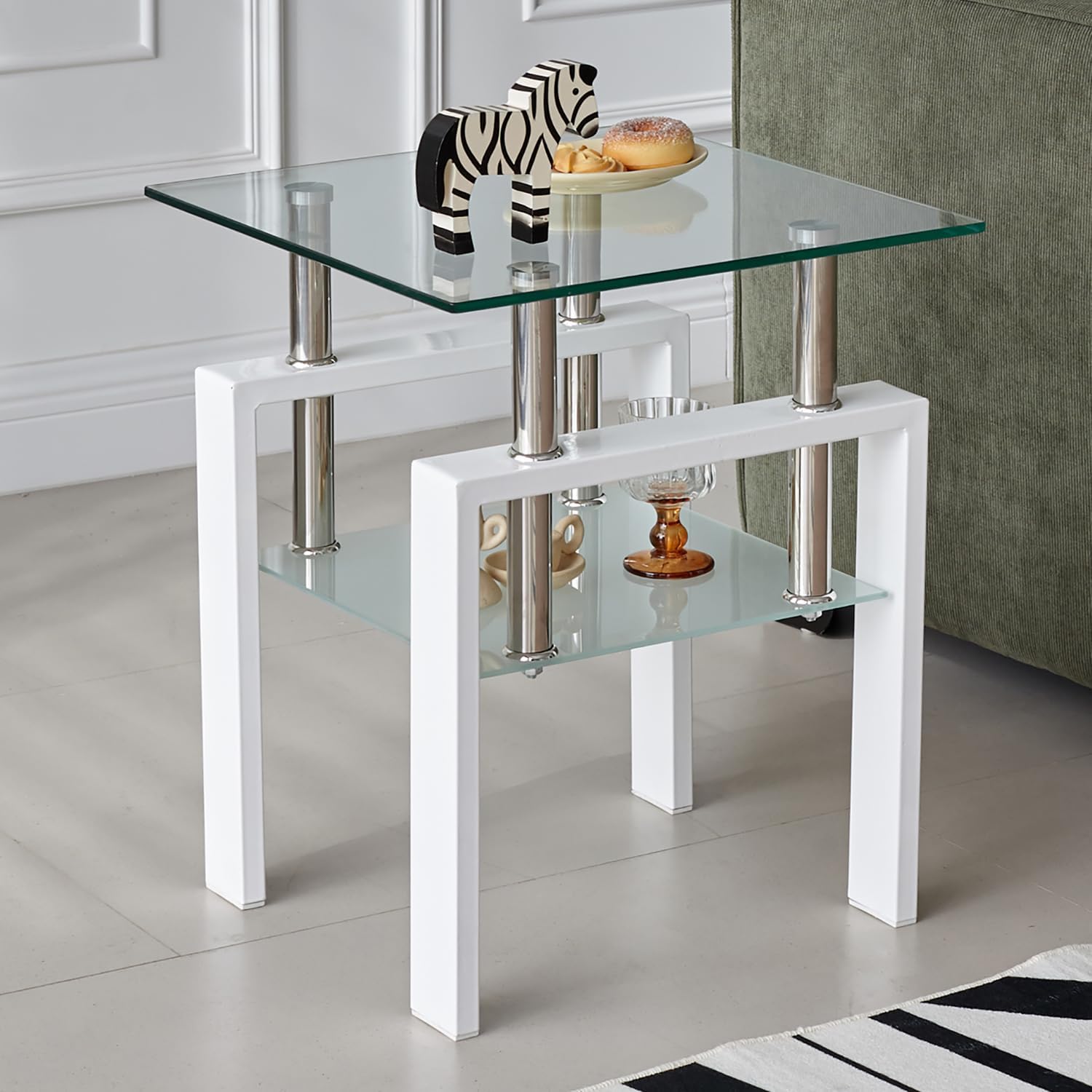 Glass End Table Tea Table with Shelf Side Table with Metal Legs Modern Small Tables for Livingroom (White)
