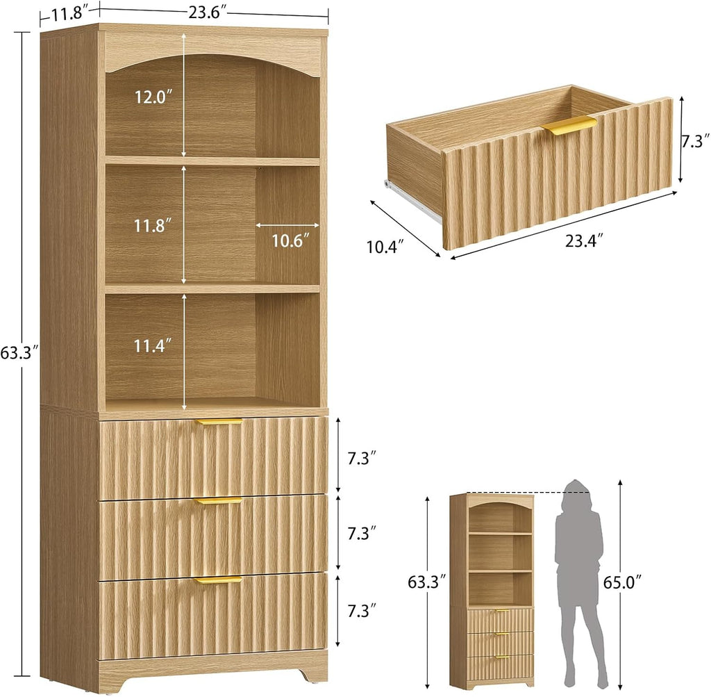 TEENFON 63.3" Tall Bookshelf, Bookshelves and Bookcases with Drawers, Arched Design Bookcase with Storage Cabinet, Natural Wood Grain Wave Pattern Storage Shelves for Living Room, Bedroom,Office