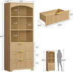 TEENFON 63.3" Tall Bookshelf, Bookshelves and Bookcases with Drawers, Arched Design Bookcase with Storage Cabinet, Natural Wood Grain Wave Pattern Storage Shelves for Living Room, Bedroom,Office