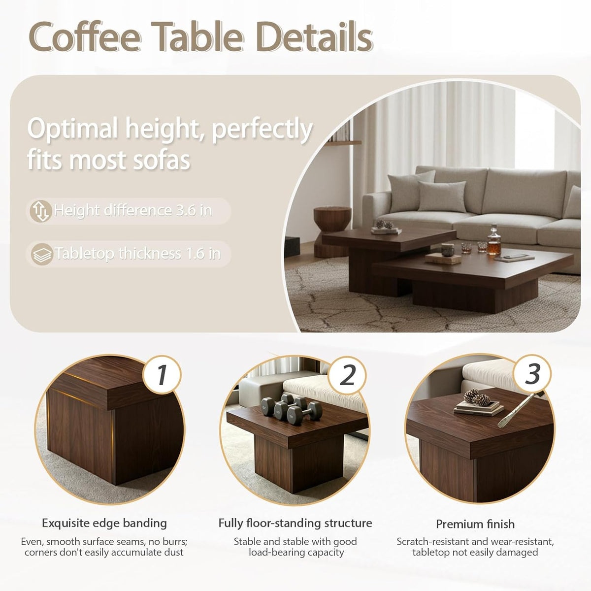 Nesting Coffee Table Set of 2, Modern Square Coffee Tables and Side Table Set, Full Floor Structure, Small Wooden Living Room Table for Living Room, Office, Reception Room
