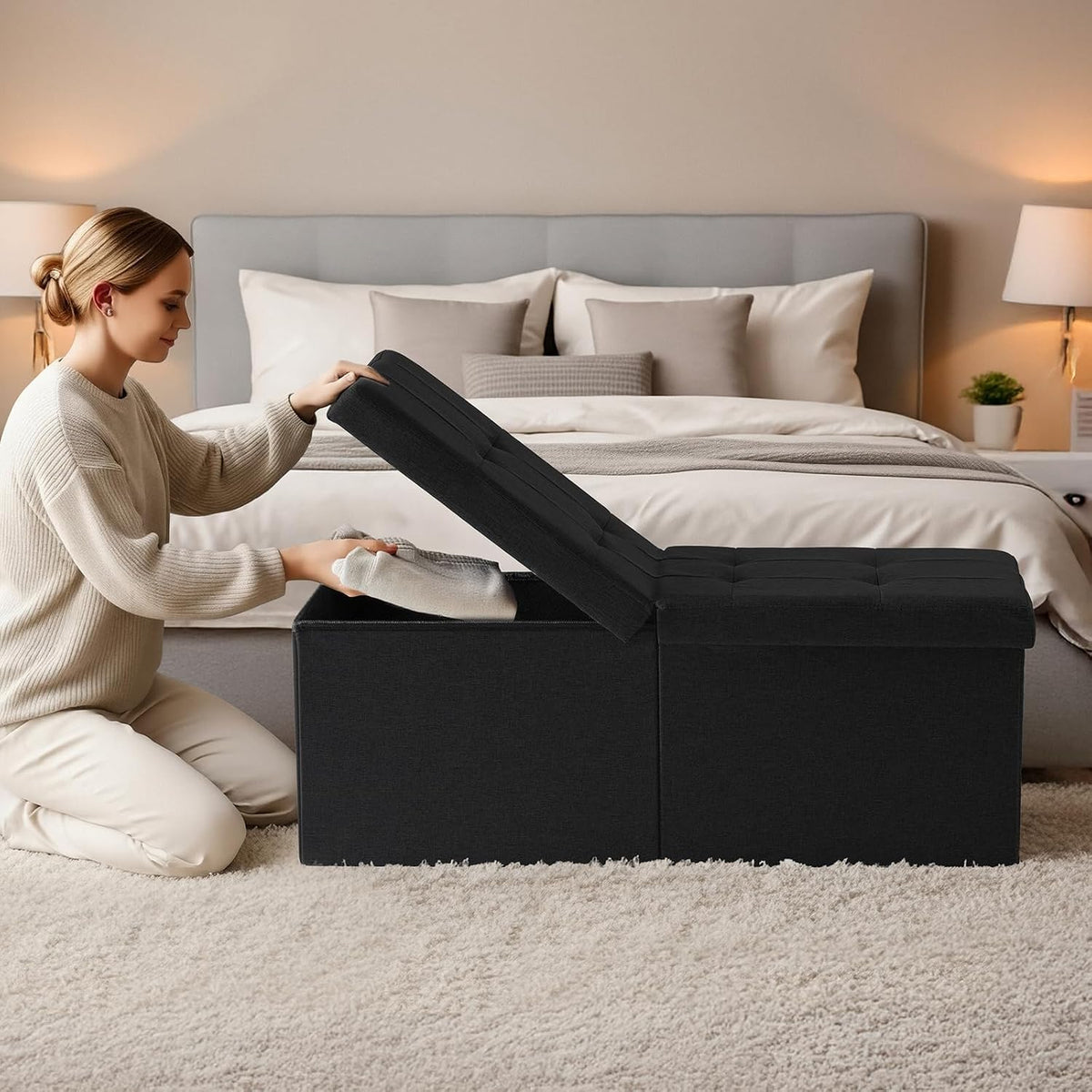 35-INCH Storage Ottoman Bench, Footrest with Storage, End of Bed Bench Coffee Table for Living Room, Bedroom, Entryway, Black