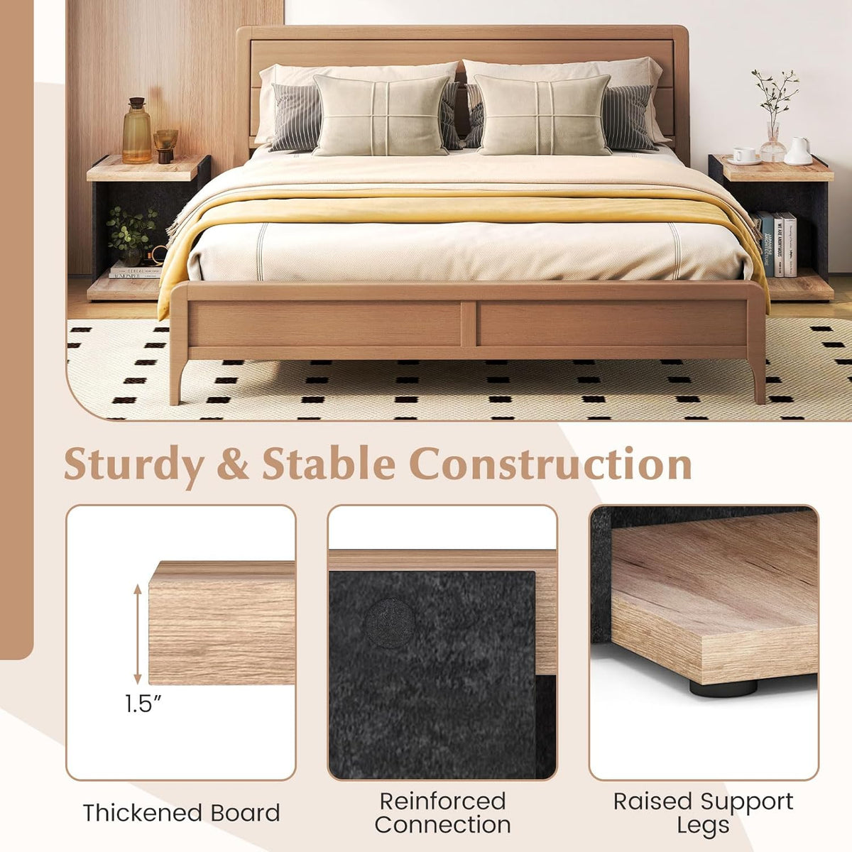 Giantex Modern End Table Set of 2, 2-Tier Sofa Side Table with Open Storage Shelf, Wooden Bedside Table, Rustic C Shaped Nightstand for Living Room, Bedroom, Small Spaces, Oak & Black