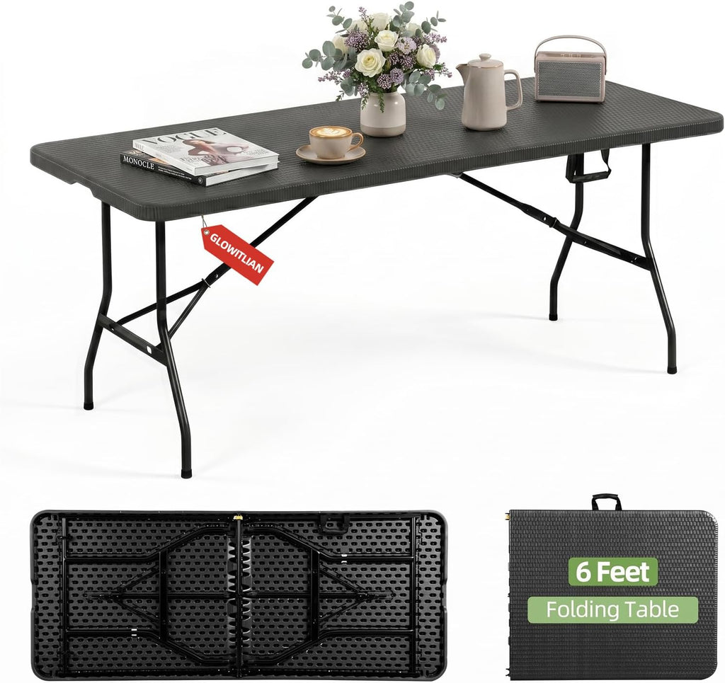 6FT Folding Table Portable Picnic Table Heavy-Duty Fold-in-Half Utility 6 Foot Foldtable Table with Carry Handle for Outdoor Indoor Party, Dining, Wedding, Camping, Black Ratten