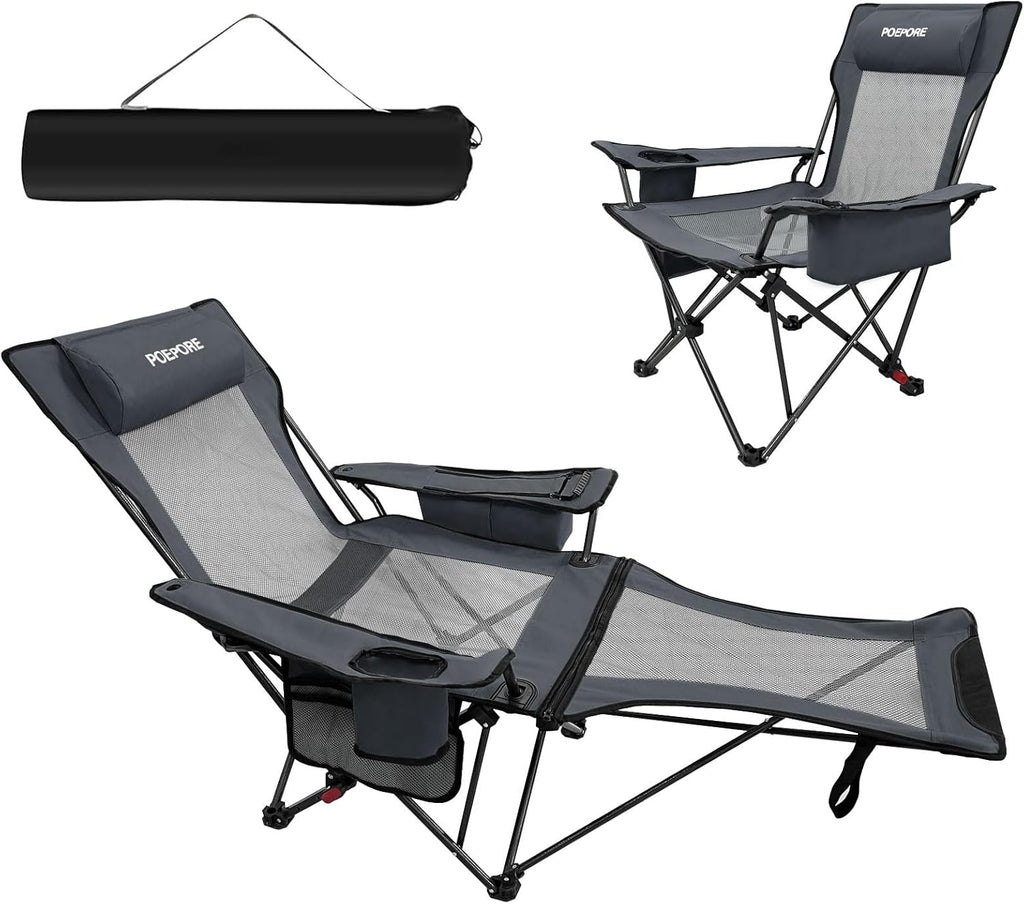 Reclining Camping Chair 4 Position with Foot Rest Comfortable for Adults 265Ibs Folding Lounger Mesh Beach Chair with Cooler Bag and Cup Holder for Outdoor Patio
