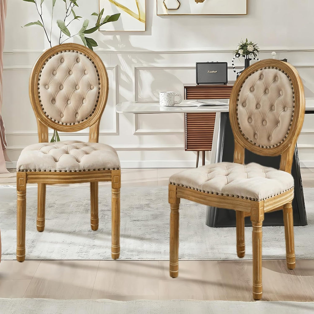 French Country Dining Chairs Set of 2,Upholstered Velvet Chairs with Round Back,Solid Wood Legs,for Living Room,Kitchen,Restaurant,Beige
