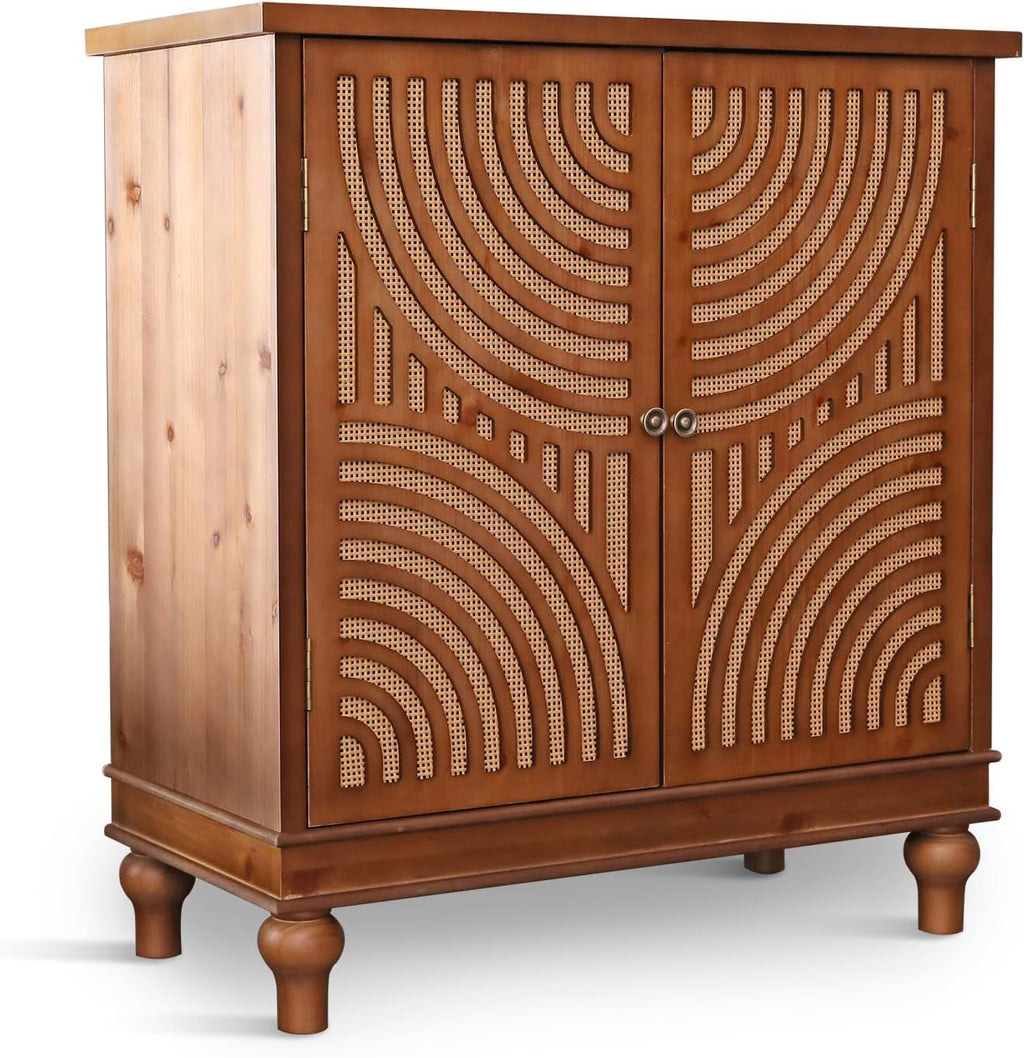 PHI VILLA Accent Cabinet with Door, Small Buffet Sideboard Cabinet with Rattan Door, 2 Door Storage Cabinets