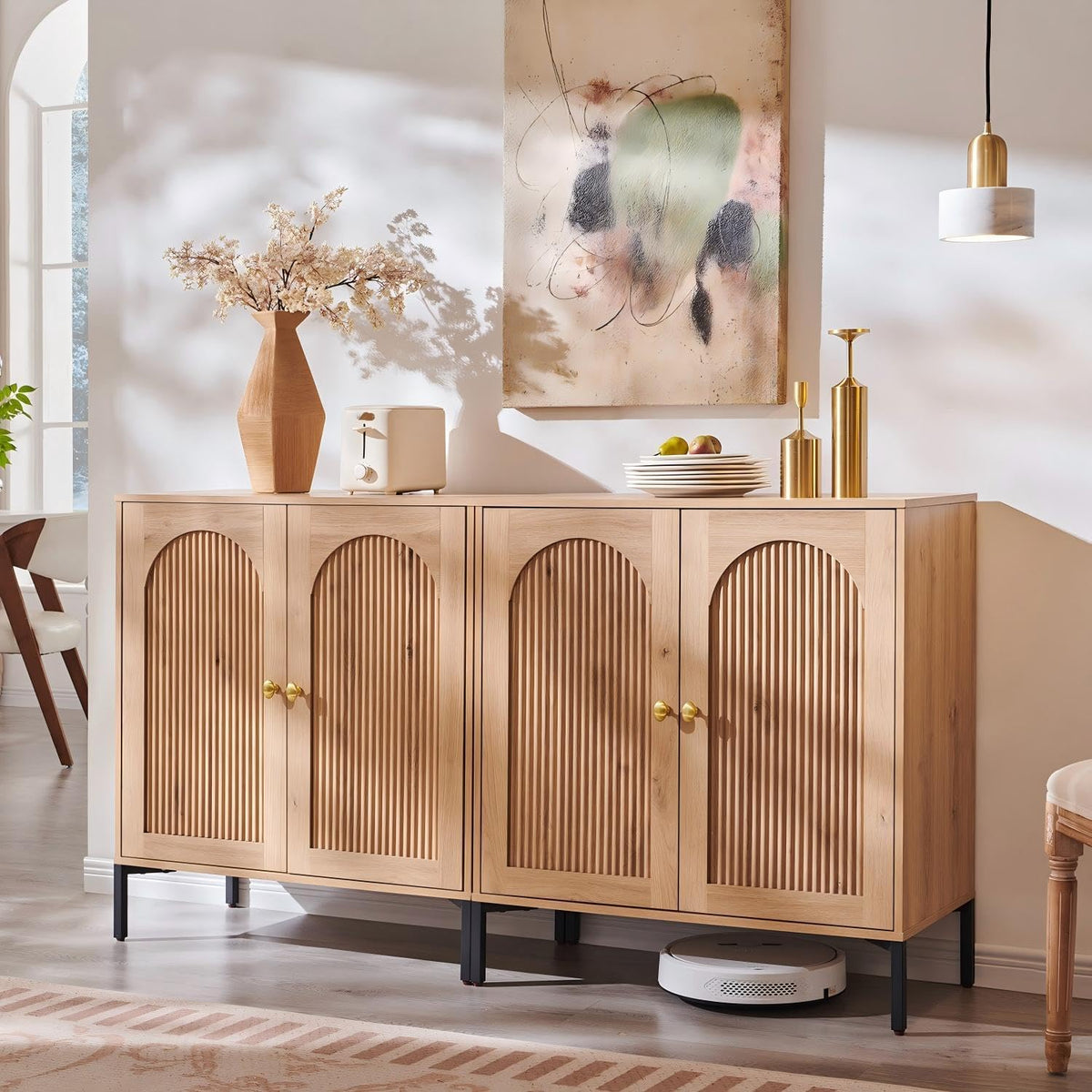 IFBUY Modern Sideboard Buffet Cabinet, 61.75" W Fluted Arched Buffet Cabinet with Storage and Adjustable Shelves, Wooden Modular Coffee Bar Cabinets for Kitchen, Entryway, Natural