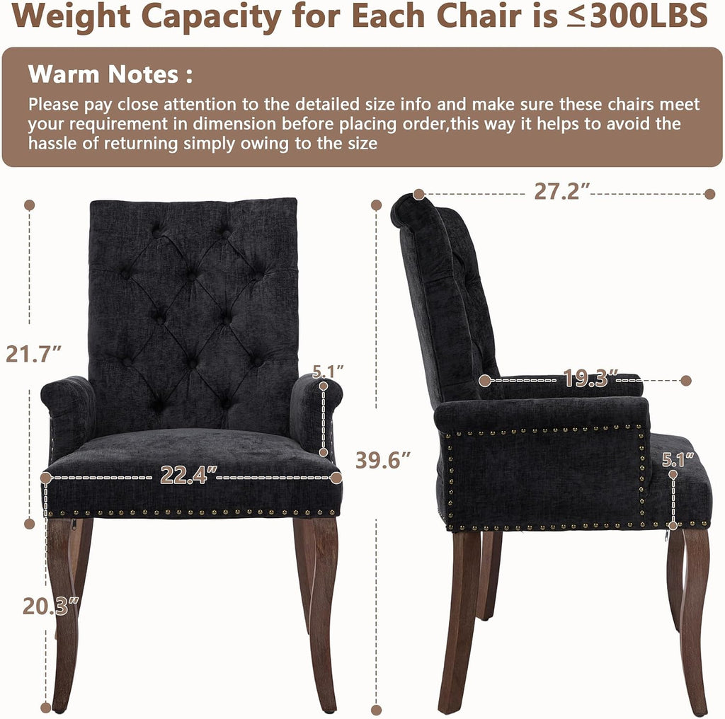 mikibama Chenille Upholstered Dining Chairs with High Back Set of 2,Vintage Tufted Kitchen Chairs with Rolled Arms,Farmhouse Fabric Accent Side Chair with Arms for Living Room (2, Black)
