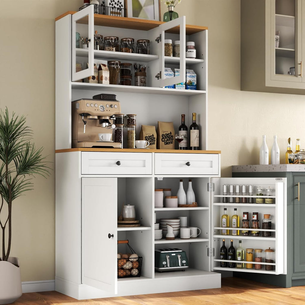 Tall Kitchen Pantry Cabinet, Modern Kitchen Hutch with Microwave Stand | Pantry Storage Cabinet with 2 Darwers & Door Shelf, Food Pantry with Glass Doors & Adjustable Shelves for Dining Room, White