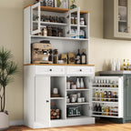 Tall Kitchen Pantry Cabinet, Modern Kitchen Hutch with Microwave Stand | Pantry Storage Cabinet with 2 Darwers & Door Shelf, Food Pantry with Glass Doors & Adjustable Shelves for Dining Room, White