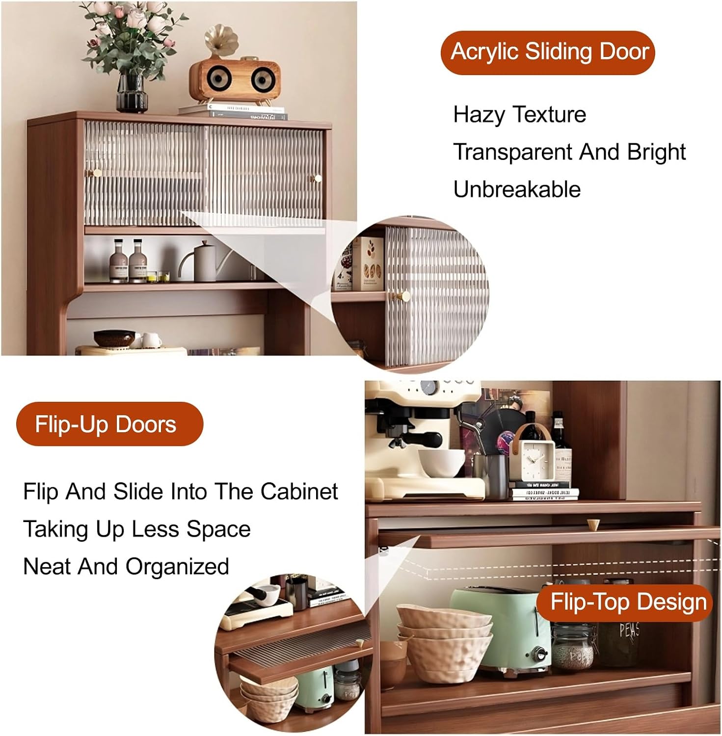 Kitchen Pantry Cabinet, Pantry Storage Cabinet with Doors and Shelves, Tall Storage Cabinet, Coffee Bar Workstation, for Dining Room, Living Room(Brown,50cm/19.7in)