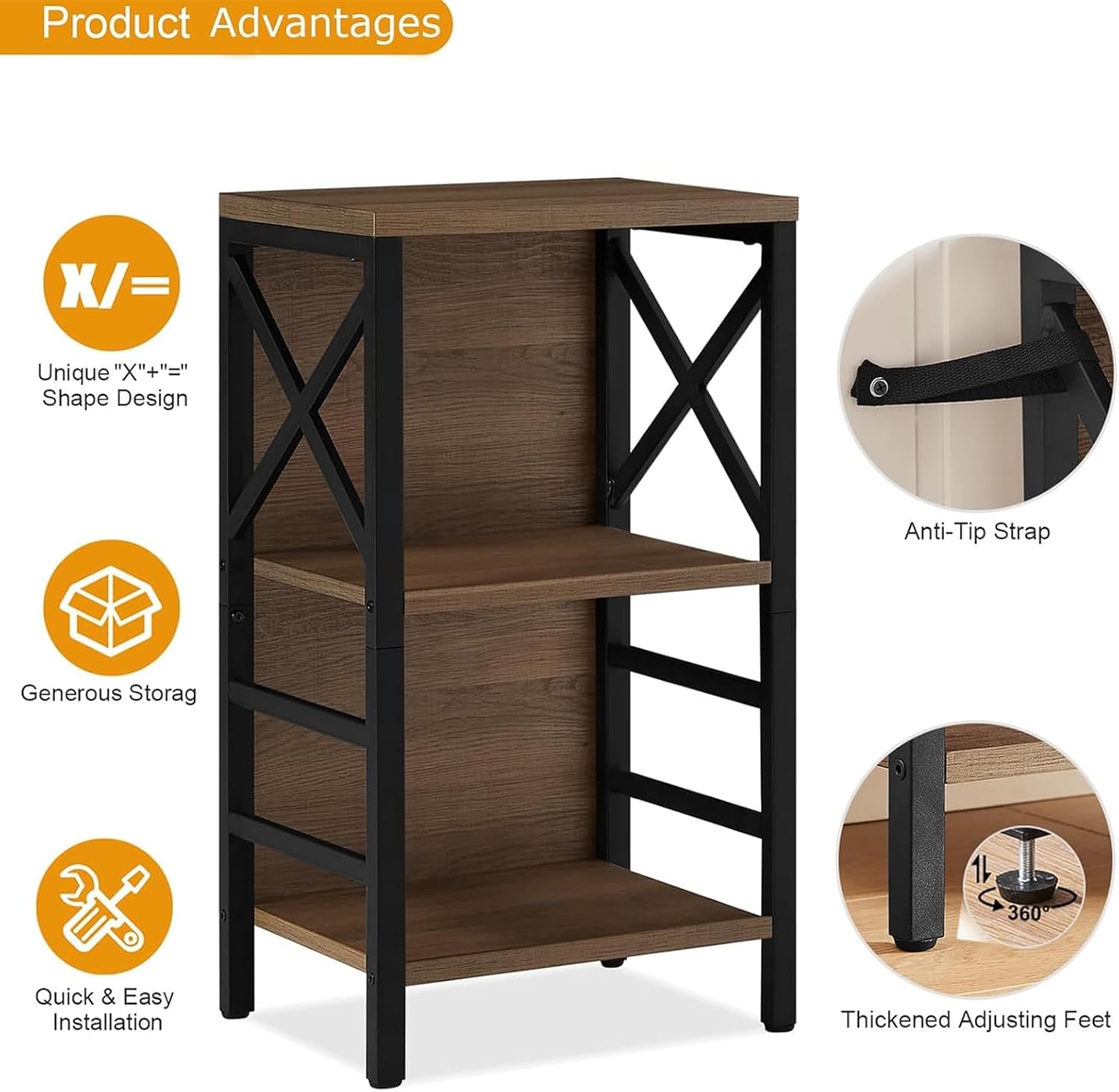 MNEETRUNG Small Bookshelf, 3 Tier Industrial Shelf with Metal Frame and Backboard, Low Rustic Brown Book Shelf, Small Bookcase for Small Spaces,Bookshelf for Living Room, Bedroom & Home Office