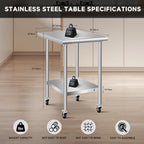 KUARBARR Stainless Steel Table with Wheels Commercial Stainless Kitchen Prep Table, Metal Table for Restaurant Garage Hotel, 24 x 18 Inch
