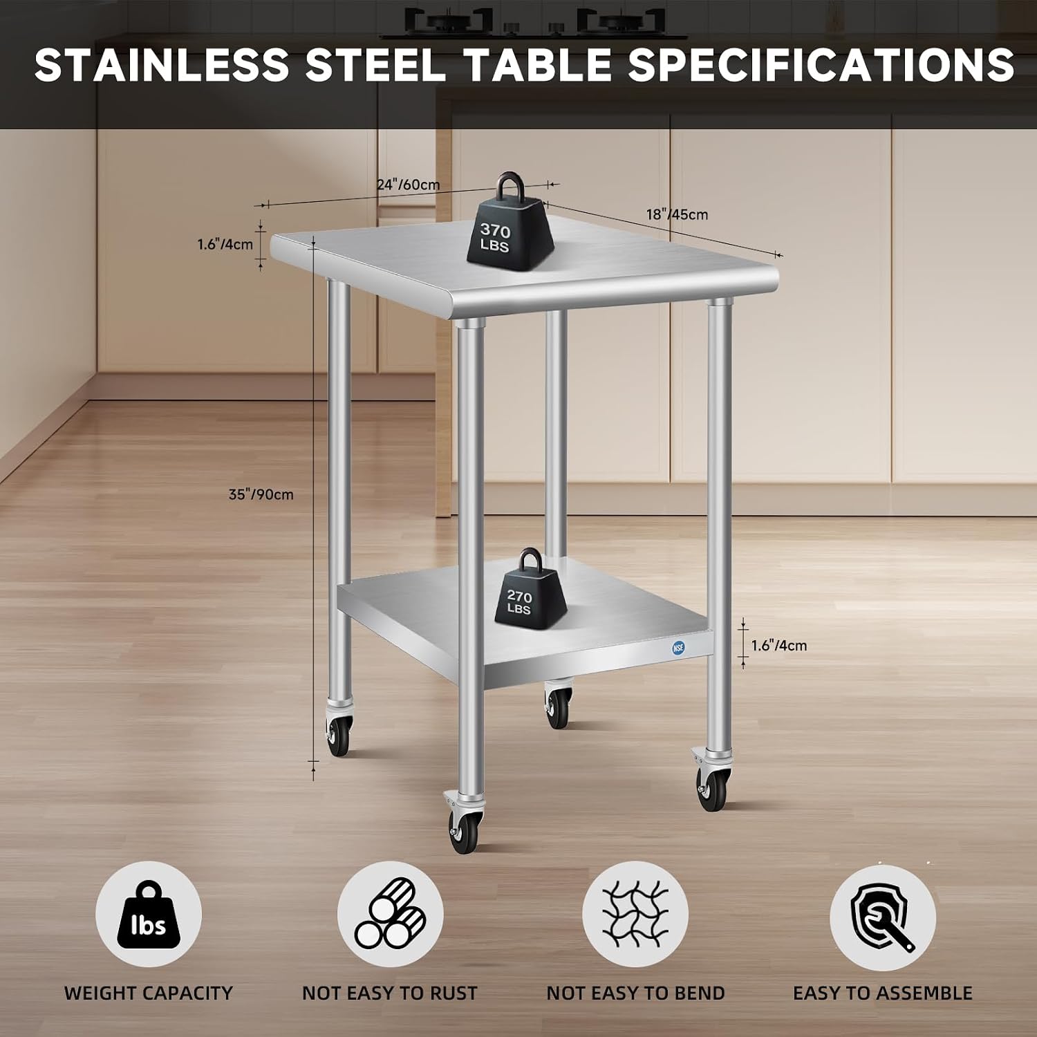 KUARBARR Stainless Steel Table with Wheels Commercial Stainless Kitchen Prep Table, Metal Table for Restaurant Garage Hotel, 24 x 18 Inch