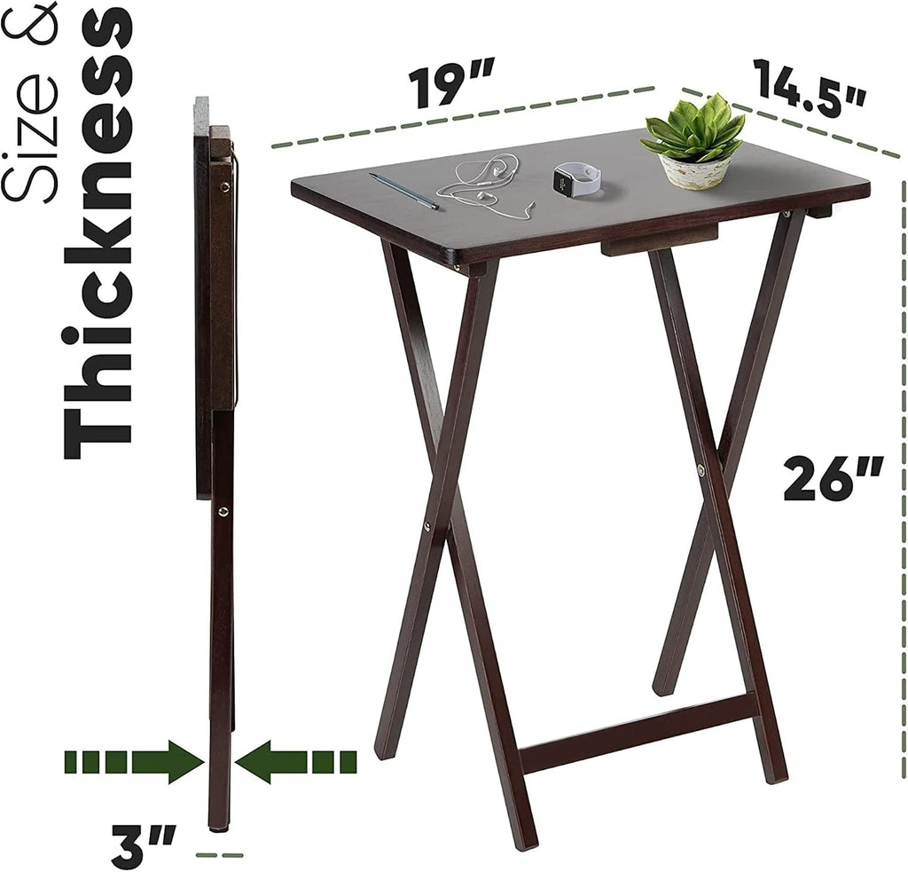 PJ Wood Espresso - 5-Piece TV Tray Table Set - Folding with Storage Rack | Solid Rubberwood, 19.09 x 14.57 x 26 in Each, 3 in Thick Collapsed, 40 lb Capacity, 5 Units, Indoor Use