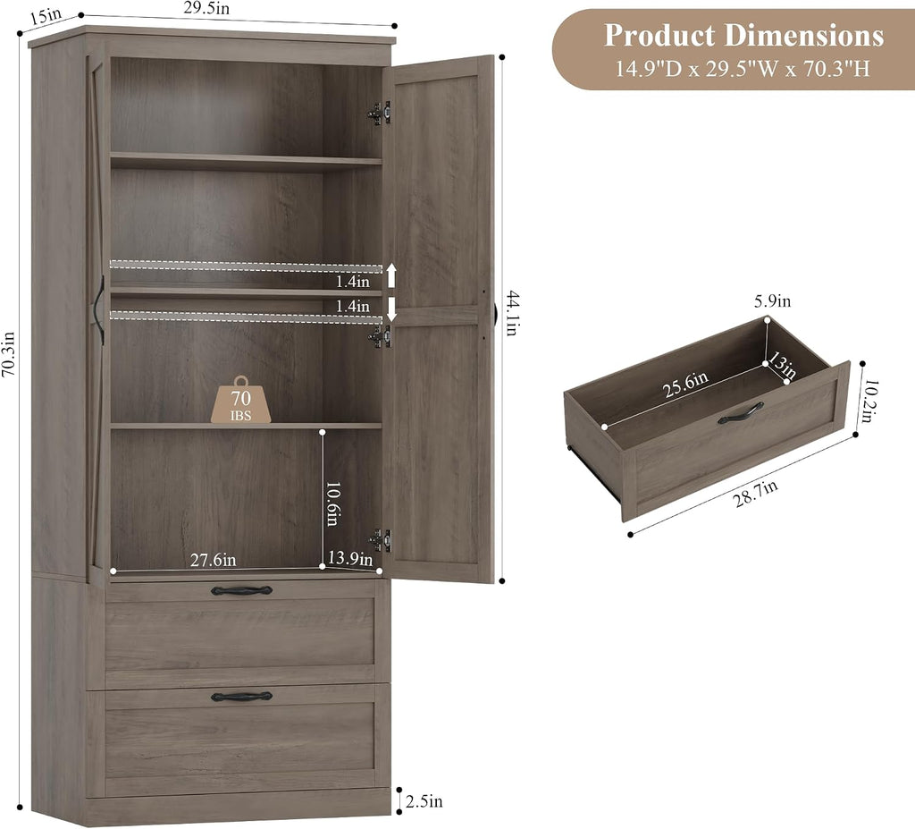 HOSTACK 70" Tall Kitchen Pantry Storage, Barn Doors Pantry Cabinet with Drawers and Adjustable Shelf, Modern Farmhouse Storage Cabinet for Kitchen, Dining Room, Living Room, Bathroom, Ash Grey