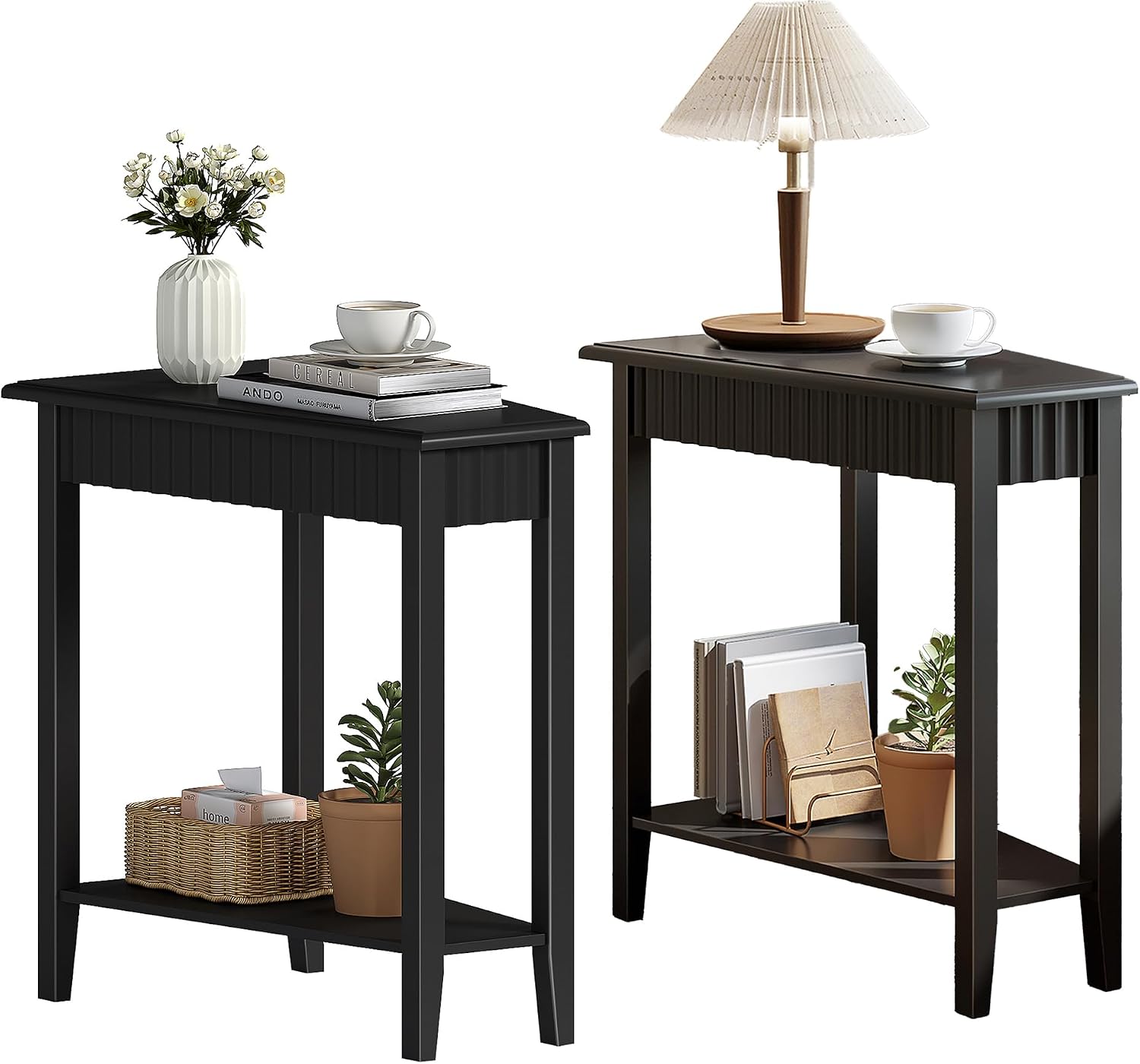 ChooChoo Fluted Recliner Side Tables Set of 2 with 2-Tier Storage Shelf | Wedge End Table for Small Space, Narrow Triangle Side Table for Corner, Living Room, Bedroom, Black