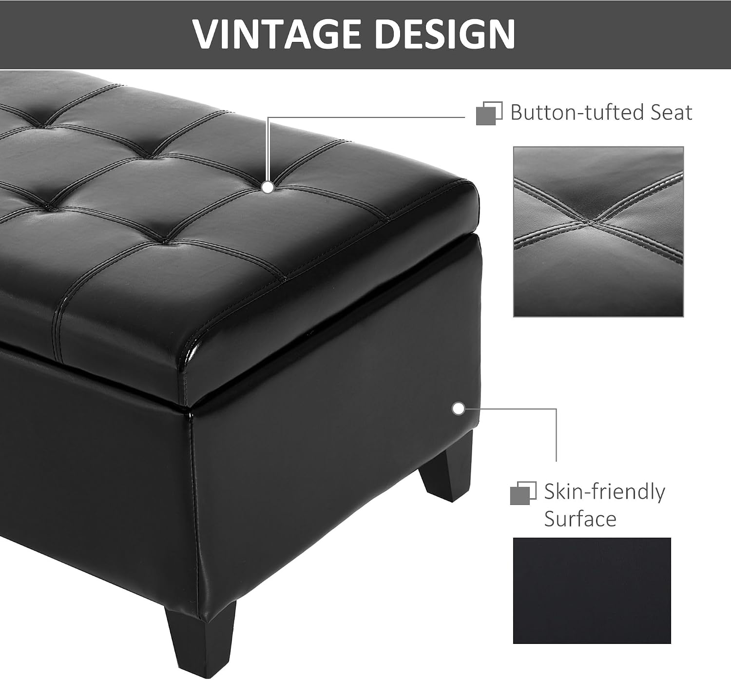51inches Rectangular Tufted Faux Leather Storage Ottoman Black Stylish Luxury Contemporary Comfortable Durable Modern Elegant