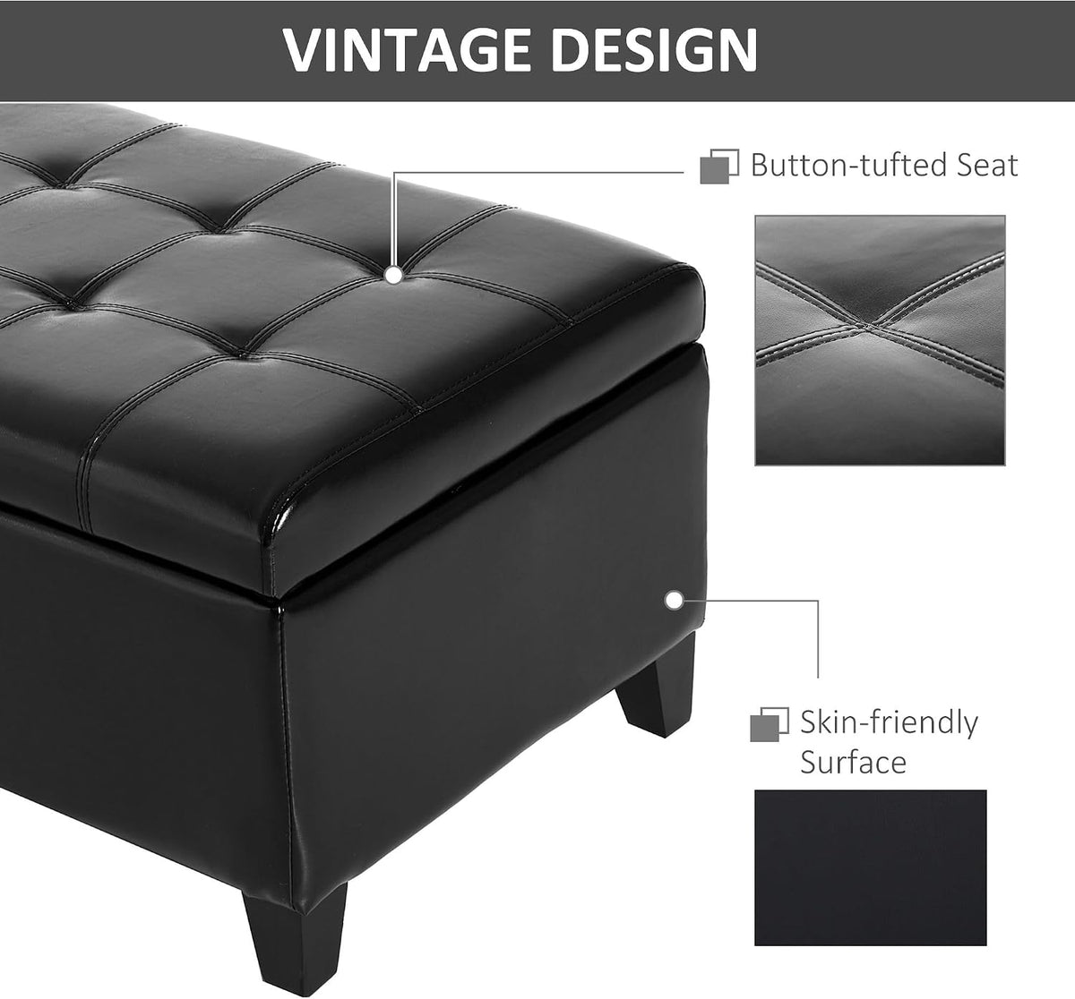 51inches Rectangular Tufted Faux Leather Storage Ottoman Black Durable Premium Comfortable Luxury Stylish Elegant Contemporary