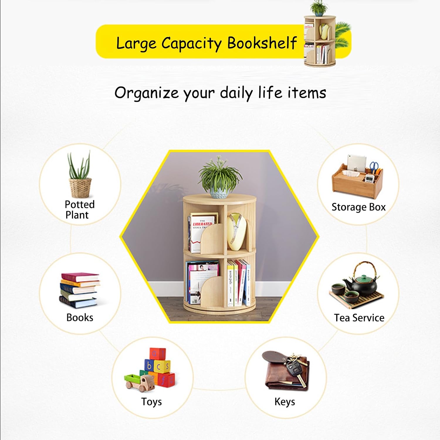 2 Tier Wood Bookshelf Office End Table,Nightstand with Storage Shelf,Rotating Side Table,Circle Nightstands for Bedroom,Modern Sofa Bedside Tables for Living Room,Easy Assembly.