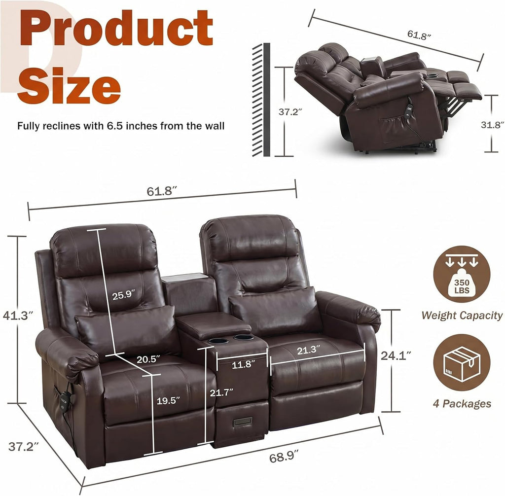 MANBUR Dual Power Lift Recliner Loveseat for Elderly, 2-Seat Electric Recliner Sofa with Massage & Heat, Double Reclining Seating w/Cup Holders, USB Charging, Faux Leather Brown