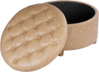HomePop Home Decor | Button Round Storage Ottoman | Ottoman with Storage for Living Room & Bedroom, Light Camel Faux Leather