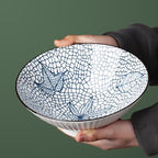 38 oz Japanese Ramen Bowl Set of 6 - Large 8 Inch Ceramic Soup Bowls, Blue and White Japanese Noodle Bowls for Pho, Ramen, and Salad - Leaf Patterns