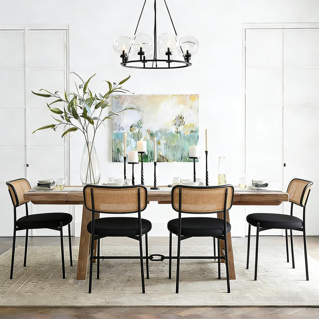 Rattan Dining Chairs Set of 4, Mid-Century Modern Chair with Boucle, Kitchen Dining Room Chairs for Living Room with Metal Legs, Round Upholstered Sherpa