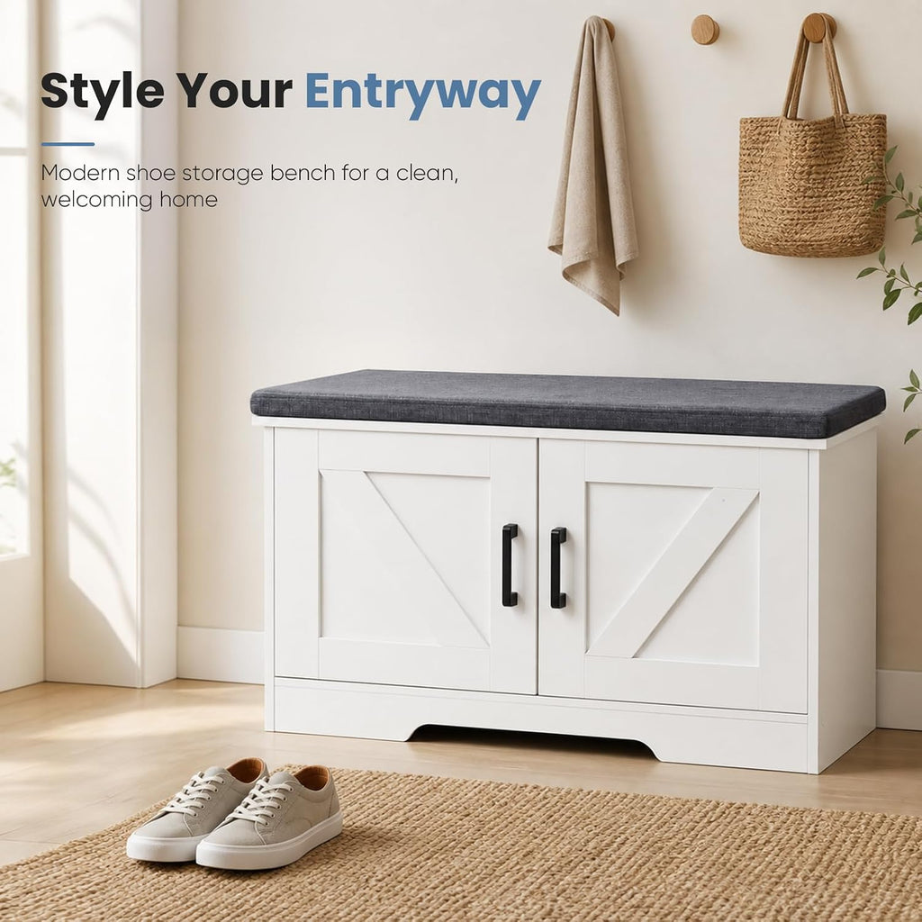 NEWBULIG Shoe Storage Bench for Entryway with Cushion, 27.6IN, White | Shoe Organizer Cabinet with Padded Cushion and Doors, Adjustable Shelves, Shoes Bench for Hallway, Mudroom, Bedroom