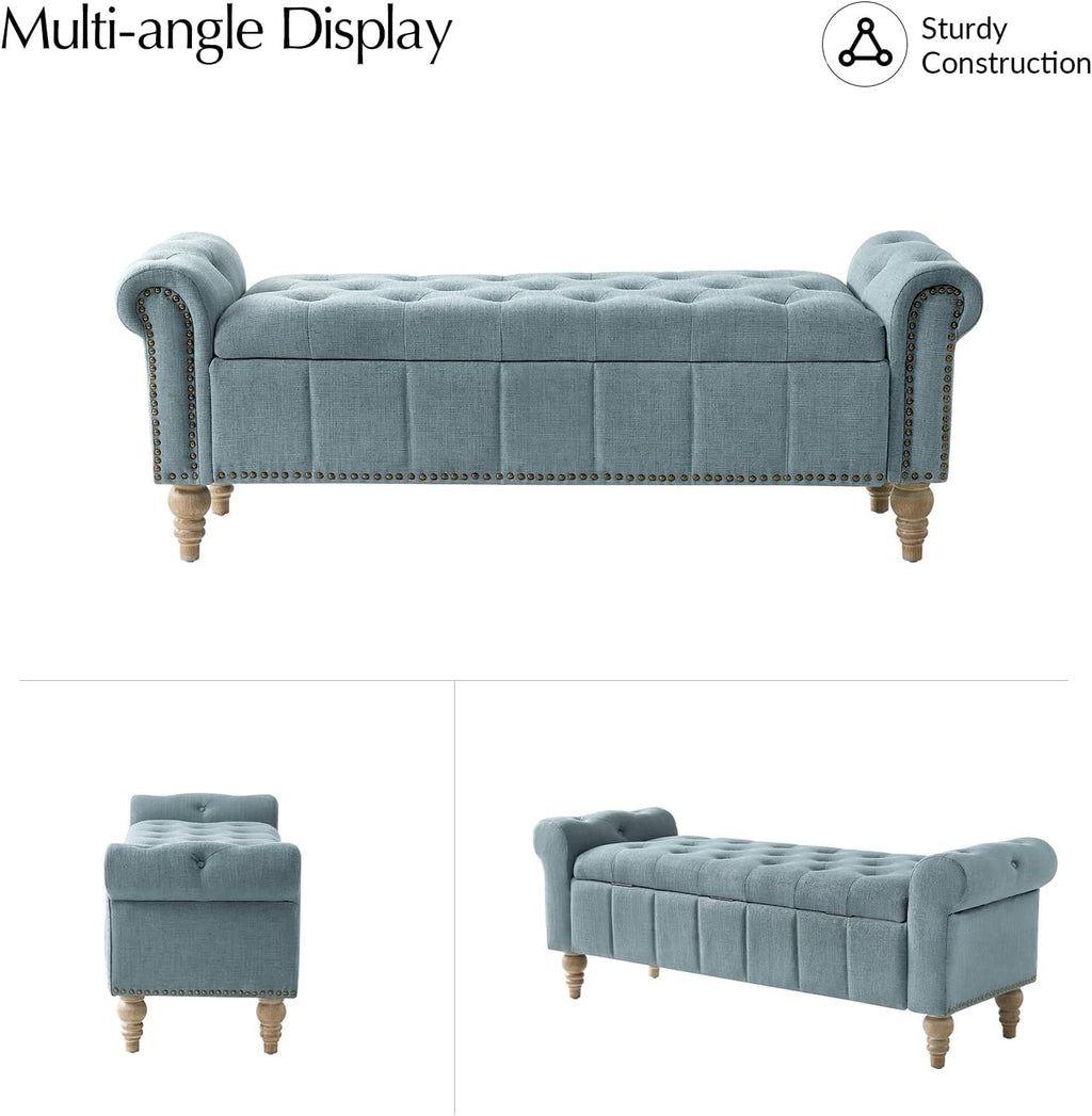 HULALA HOME Farmhouse Storage Bench, Blue | End of Bed Bench with Vintage Button-Tufted Design, Bedroom Bench with Storage for Bedroom, Entryway, Living Room