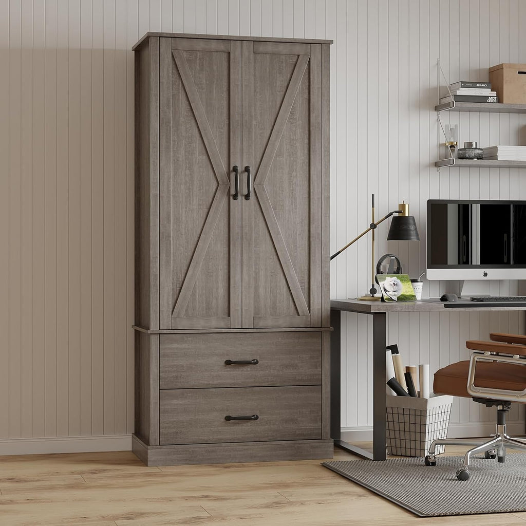 65" Tall Kitchen Pantry Cabinet with Barn Doors, Drawers & Adjustable Shelf, Farmhouse Storage Cabinet with Doors and Shelves for Kitchen Pantry Storage Cabinet, Dining Room, Laundry & Entryway, Grey