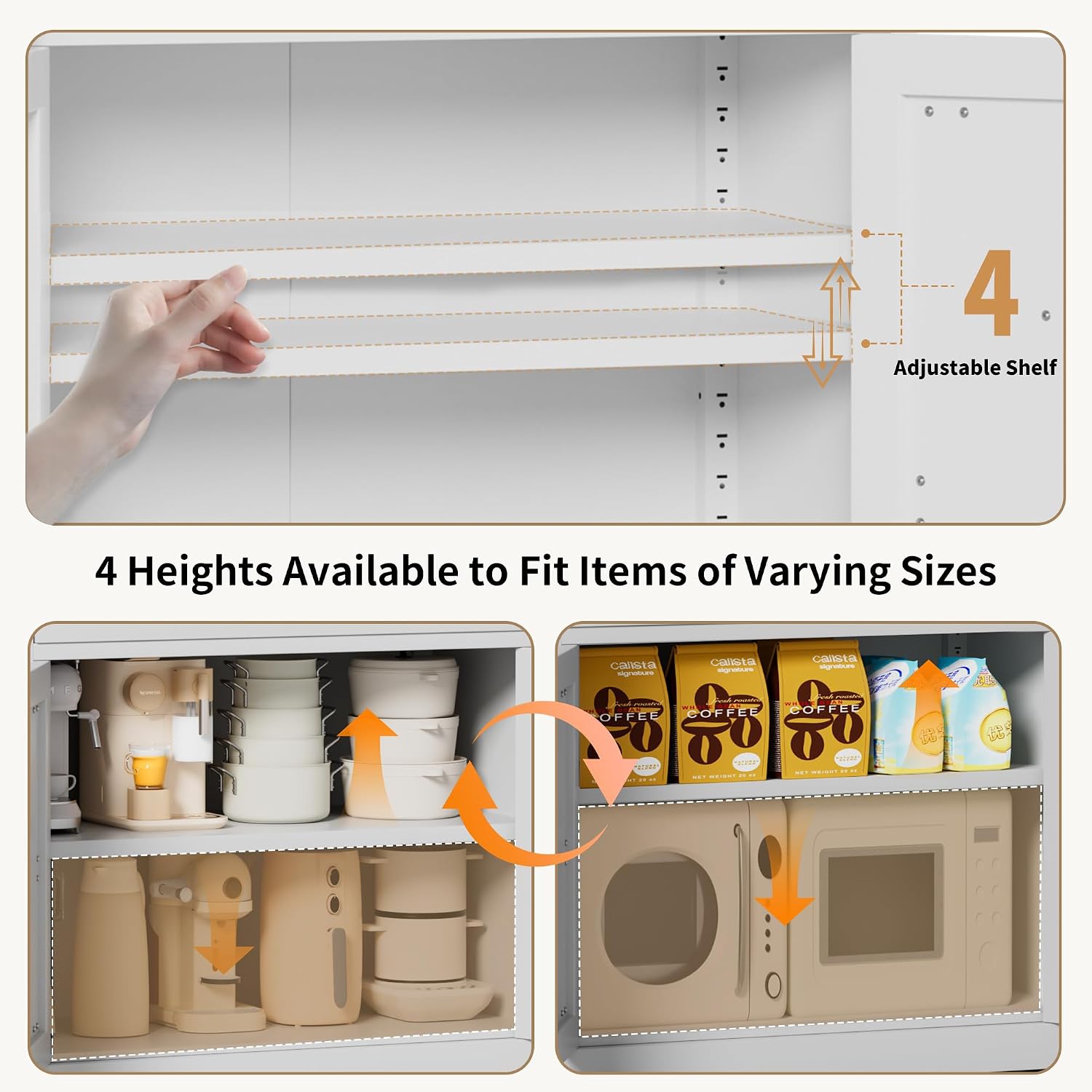 White Steel Kitchen Pantry Storage Cabinet with Adjustable Shelves, Heavy Duty Country Style Metal Storage Cabinet for Kitchen Bathroom Living Room