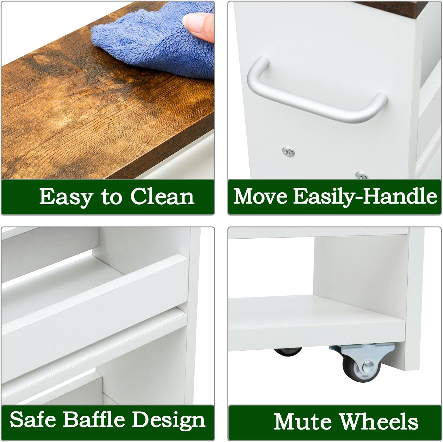TEAMIX Slim Rolling Storage Cart, Wood 4-Tier Narrow Kitchen/Laundry Cart | 7.9"W Thin Cabinet with Wheels and Handle, Use as Spice Rack Next to Fridge, Laundry Room Organization Between Washer & Dryer