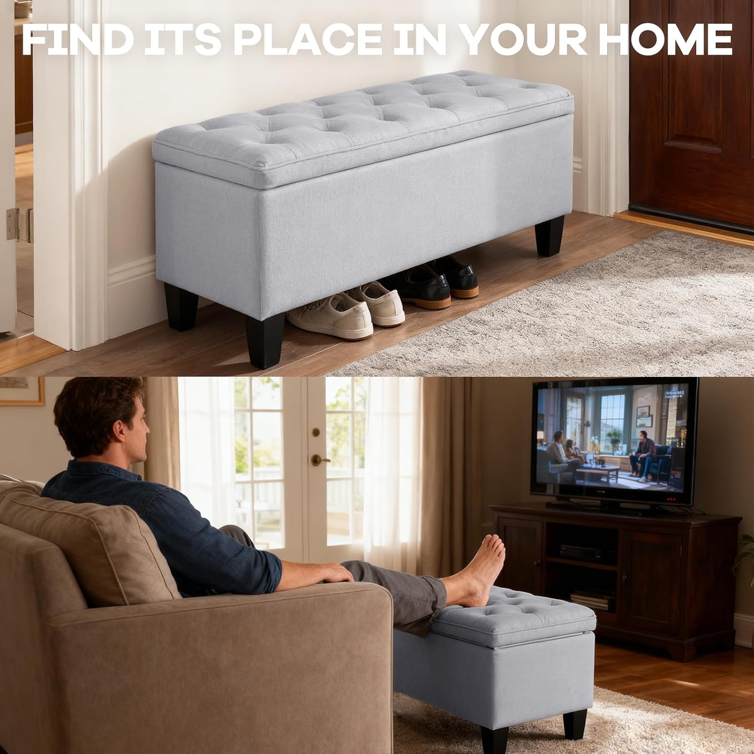 DUMOS Storage Ottoman Bench, Foot Rest with Legs, 16 x 40 x 18 Inches, End of Bed Bench, Storage Chest for Living Room,Bedroom, Entryway, Home Decor, Light Gray