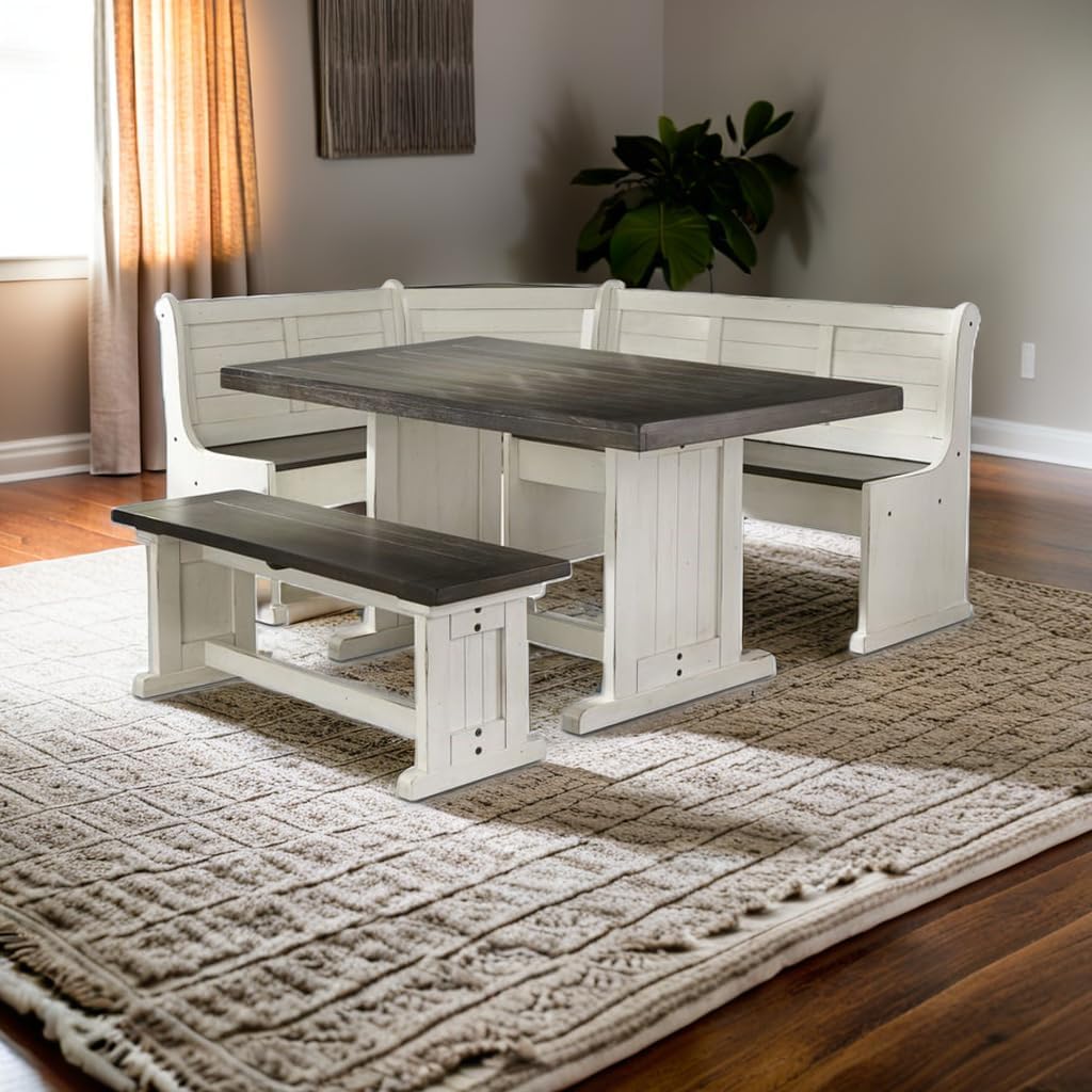 Pemberly Row 4-Pieces Dining Set Wood, Rectangular in Brown (36" H x 75" W x 56" D) for Kitchen, Dining Room with Table, Reversable Benches, and Storage Space