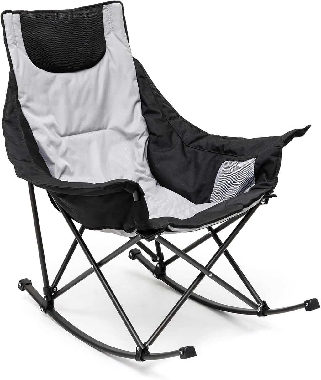 SUNNYFEEL Oversized Folding Rocking Camping Chair for Adults, 500lbs Grey | Heavy Duty Outdoor Rocker Camping Chairs, High Back Padded Lawn Recliner with Side Pocket & Carry Bag