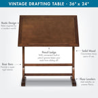 Studio Designs Vintage Rustic Oak Drafting Table, Top Adjustable Drafting Table Craft Table Drawing Desk Hobby Table Writing Desk Studio Desk, 36''W x 24''D
