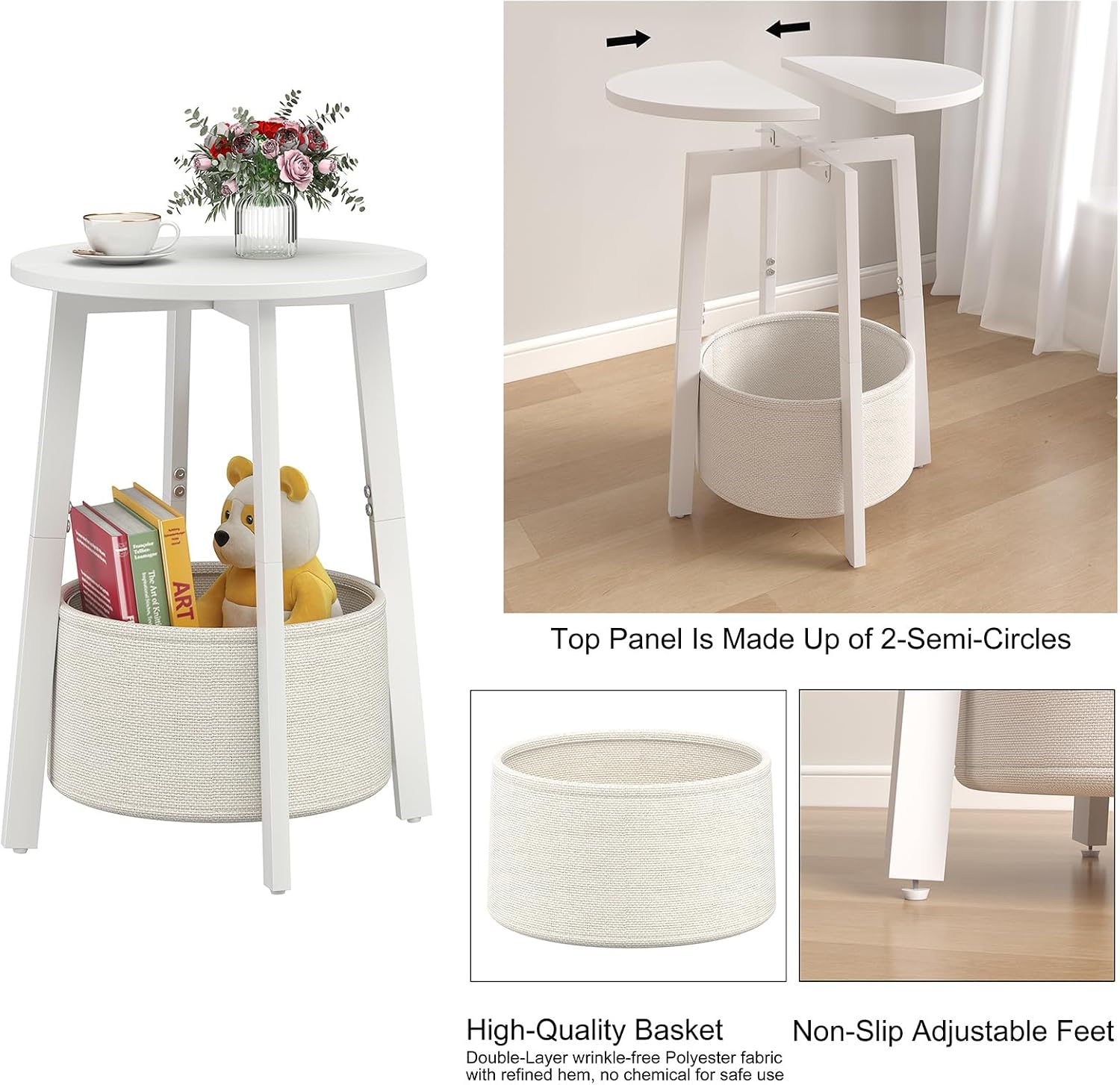 sthmec Small Round Side End Table with Cloth Storage Basket, Round Bedside Sofa Couch Coffee Tables for Small Places with Metal Frame, Modern Nighstands for Living Room Bedroom,White