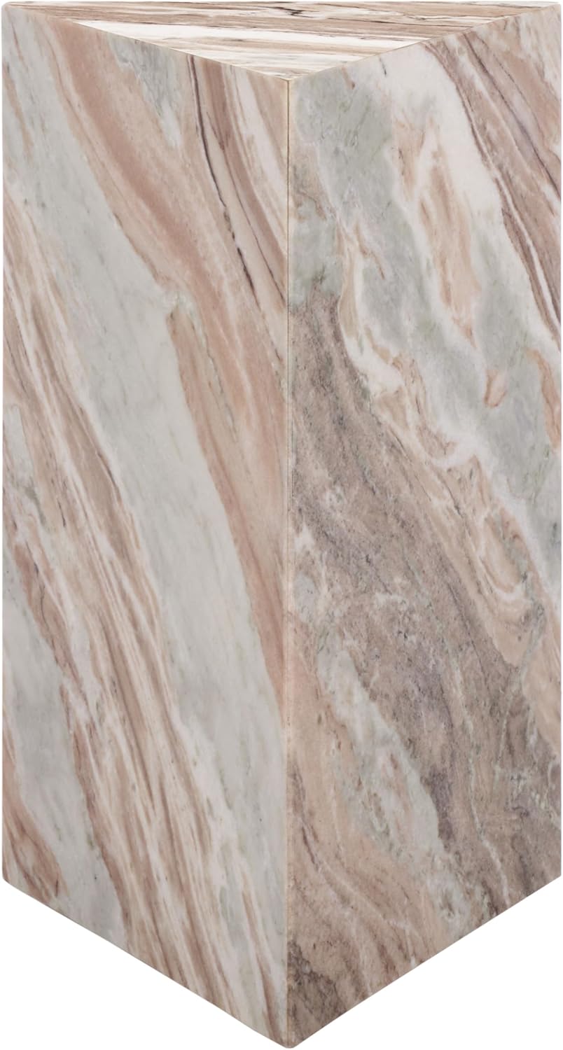 SAFAVIEH Couture Collection - Leah Bryanna White & Brown Marble Accent Table, Triangle Top Drink Table, Sculptural Pedestal Design (SFV9751B)